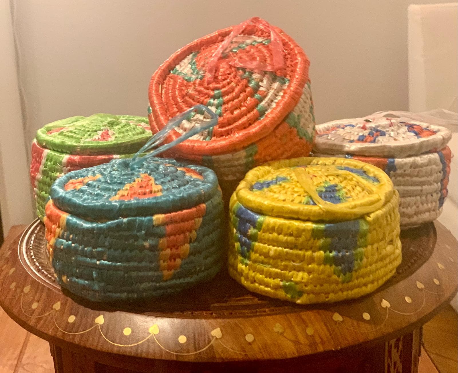 Five woven baskets